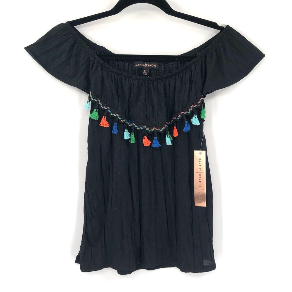 ALMOST FAMOUS Baja Babe Tassel Blouse Black Boho Off Shoulder NWT M Beach Vacay